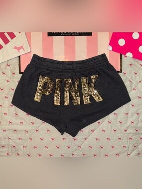 VS PINK VARSITY BOOTY SHORTS DARK GRAY GOLD BLING DOG PUP LOGO RARE MEDIUM